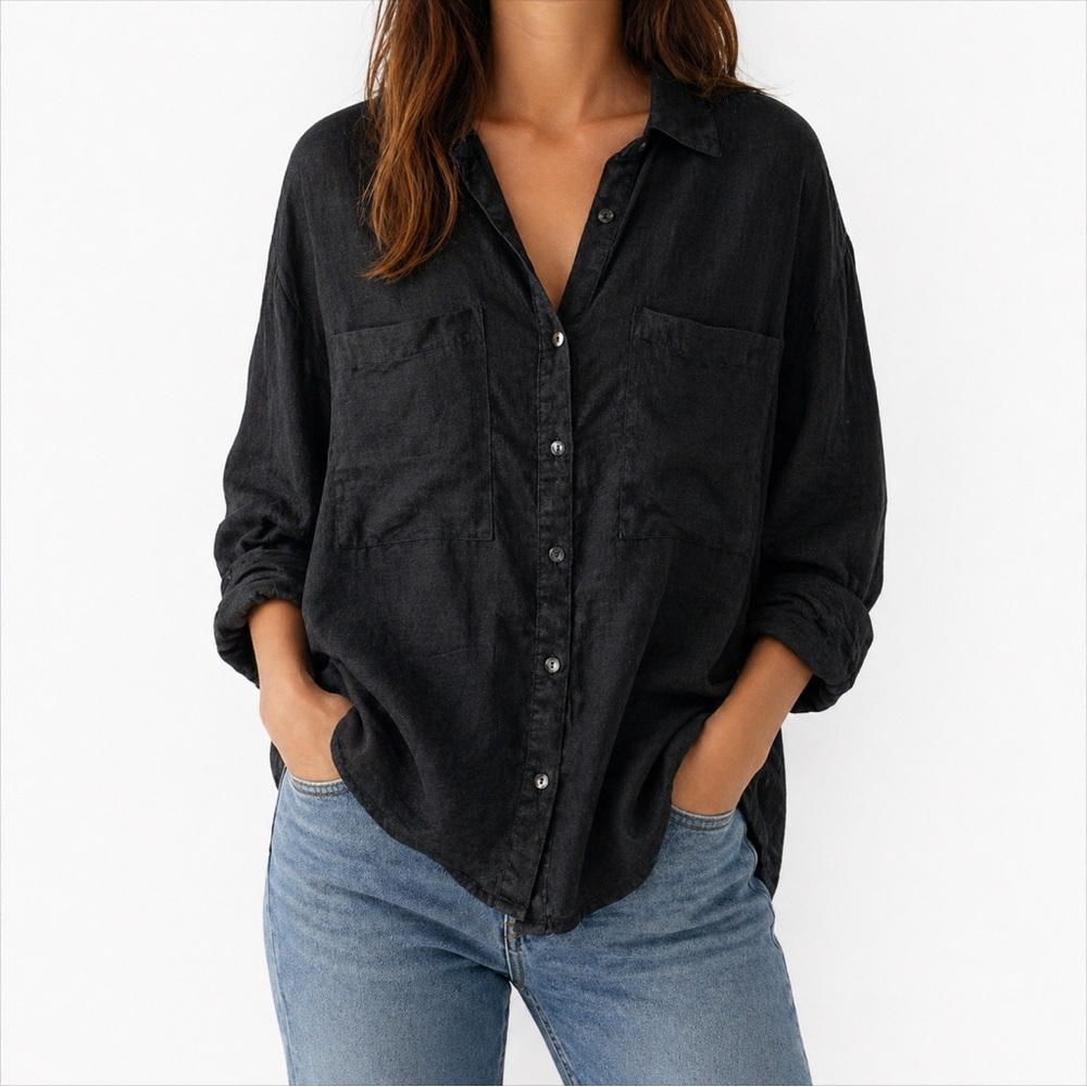 Magaschoni Black 100% Linen Button Down Shirt Roll Tab Sleeve Medium - Picture 1 of 15